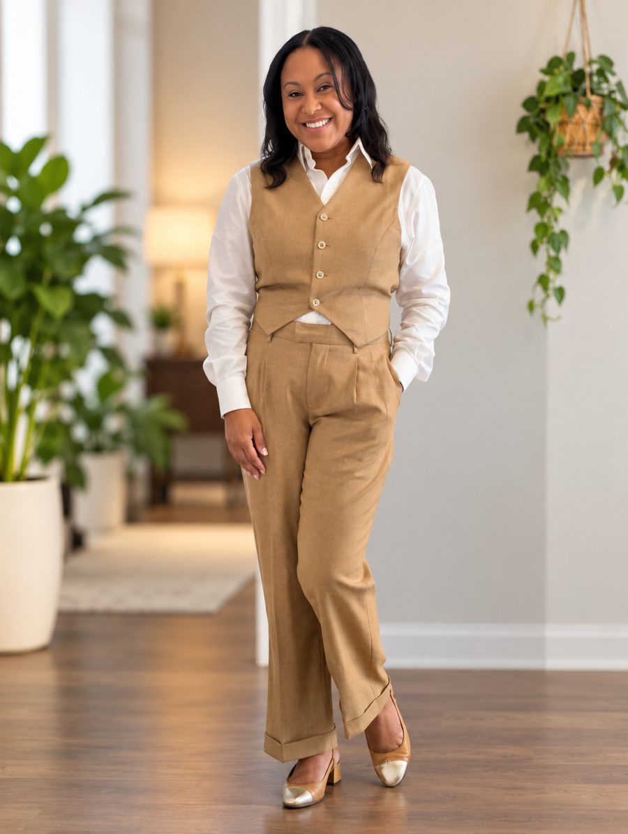 Fleurztael standing in a bright room in a camel vest, white shirt, and wide-leg trousers
